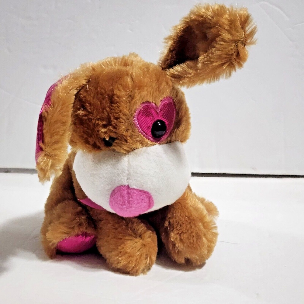 Walmart Brown Puppy Dog Pink Heart Spot Feet Ears Nose Ribbon Bow Plush 7"